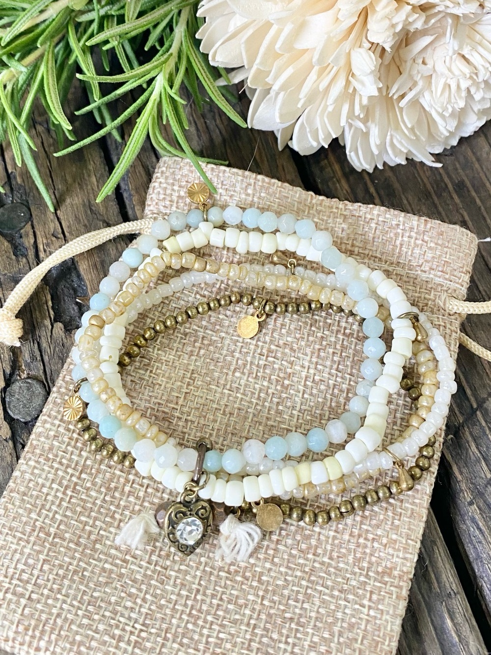 Beaded Charm Stretch Bracelet Stack, Stone & Seed Beads Multistrand